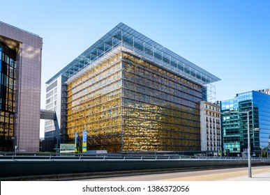 Brussels, Belgium - April 22, 2019: Since 2017 The Europa Building Is The Seat Of The Council Of The European Union And The European Council, Formerly Housed In The Justus Lipsius Building (left).