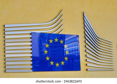 Brussels, Belgium - April 27, 2021: Logo On The Berlaymont Building Of The European Commission Located At The Schuman Roundabout.