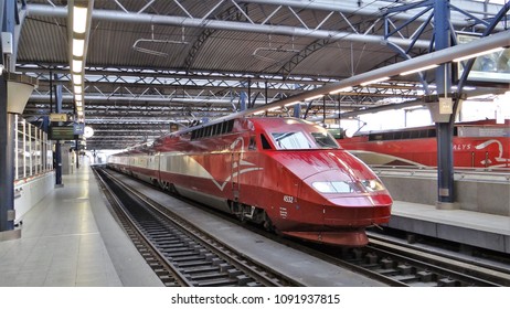 Brussels  Belgium - April 4 2018: The international High Speed passengers Train Thalys on the railway station Brussels South 