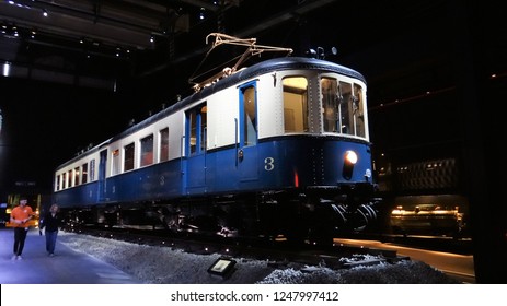 Brussels / Belgium - April 4 2018: An old Belgian blue / white electric train in the National Railway Museum 'Train World' of the NMBS
