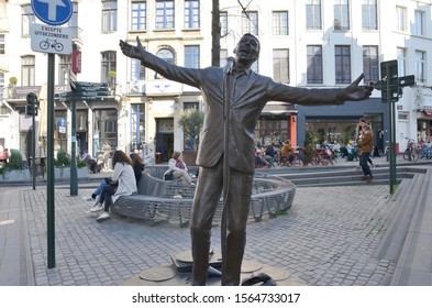 Brussels, Belgium - August 19, 2018: Bronze statue to the singer Jacques Brel, sculpted by the artist Tom Frantzen, in square of Brussels, Belgium.