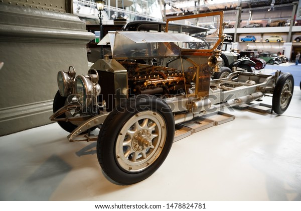 Brussels, Belgium - August 25, 2015 -\
Autoworld Museum, old cars collection showing the history of\
automobiles from the\
beginnings.