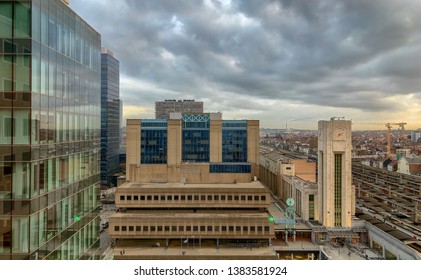 Brussels, Belgium, Europe, February 2019: Brussels North Railway Station As Seen From The City Exit Under A Dawning Sky