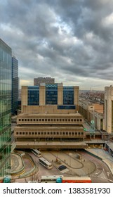 Brussels, Belgium, Europe, February 2019: Brussels North Railway Station As Seen From The City Exit Under A Dawning Sky