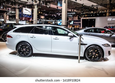 Brussels, Belgium, Jan 09, 2020: Jaguar XF SPORTBRAKE station wagon estate at Brussels Motor Show, second generation, X260, executive/mid-size luxury car manufactured and marketed by Jaguar - Shutterstock ID 1618910824