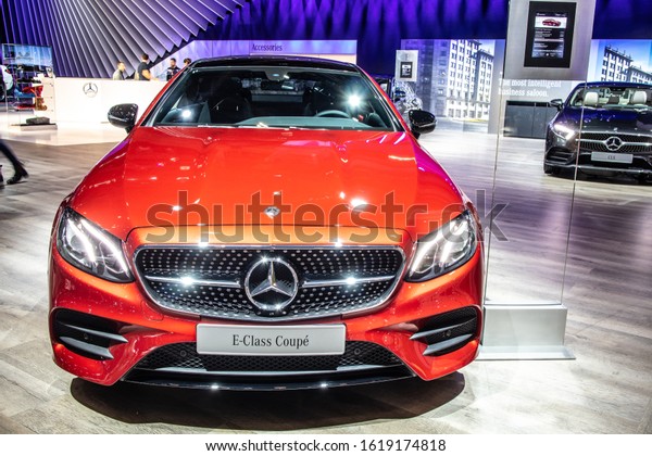 Brussels, Belgium, Jan 09, 2020: Mercedes E\
200 Coupe at Brussels Motor Show, Fifth generation, C238, E-Class\
car produced by\
Mercedes-Benz