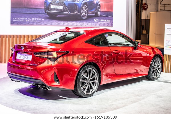 Brussels, Belgium, Jan 09, 2020: metallic red
LEXUS RC 300h hybrid ENGINEERED FOR PURE ENJOYMENT at Brussels
Motor Show, produced by Japanese car maker
Lexus