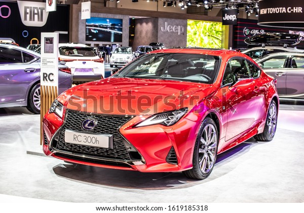 Brussels, Belgium, Jan 09, 2020: metallic red\
LEXUS RC 300h hybrid ENGINEERED FOR PURE ENJOYMENT at Brussels\
Motor Show, produced by Japanese car maker\
Lexus
