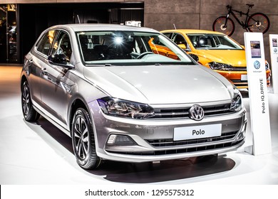 Brussels, Belgium, Jan 18, 2019: metallic silver Volkswagen VW Polo at Brussels Motor Show, Sixth generation, Typ AW, MQB A0 platform, produced by Volkswagen Group
