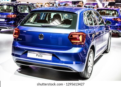 Brussels, Belgium, Jan 18, 2019: metallic blue Volkswagen VW Polo at Brussels Motor Show, Sixth generation, Typ AW, MQB A0 platform, produced by Volkswagen Group