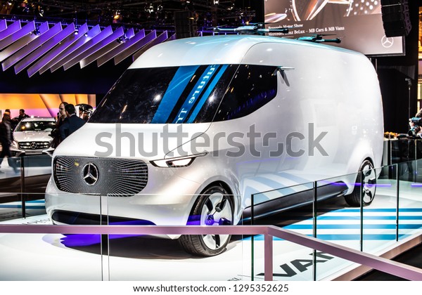 Brussels, Belgium, Jan 18,\
2019: Show car: Mercedes-Benz Concept VAN prototype at Brussels\
Motor Show, Electric Future Van Cargo Carrier produced by Mercedes\
Benz