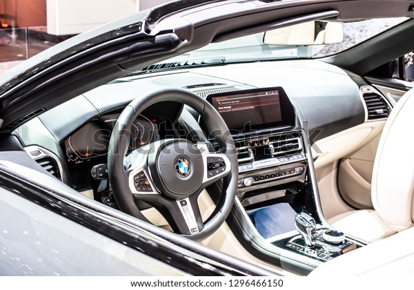 Brussels,\
Belgium, Jan 18, 2019: BMW The 8 Series Cabrio 850i at Brussels\
Motor Show, cabriolet car manufactured and marketed by BMW, control\
board, steering wheel, upholstery,\
seats,