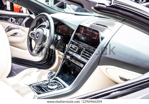 Brussels,\
Belgium, Jan 18, 2019: BMW The 8 Series Cabrio 850i at Brussels\
Motor Show, cabriolet car manufactured and marketed by BMW, control\
board, steering wheel, upholstery,\
seats,