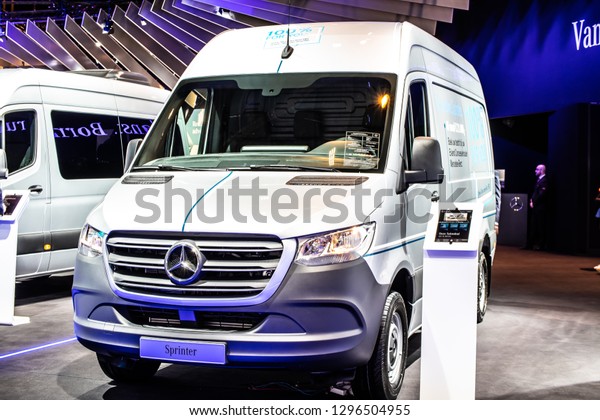 Brussels, Belgium, Jan\
18, 2019: Mercedes-Benz Sprinter at Brussels Motor Show, produced\
by Mercedes Benz, light commercial vehicle as van, chassis cab,\
minibus, pickup truck