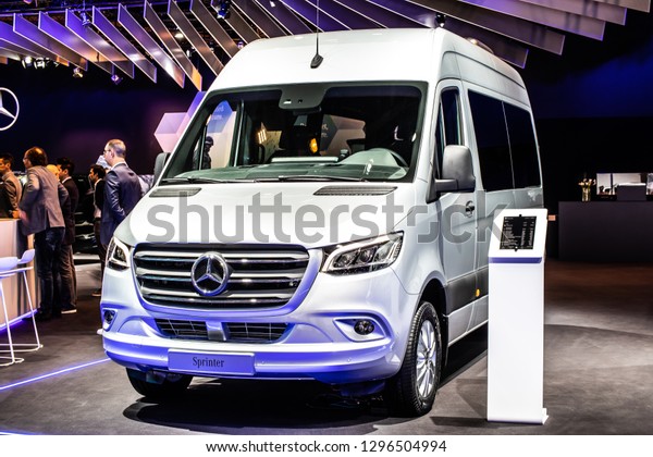 Brussels, Belgium, Jan\
18, 2019: Mercedes-Benz Sprinter at Brussels Motor Show, produced\
by Mercedes Benz, light commercial vehicle as van, chassis cab,\
minibus, pickup truck