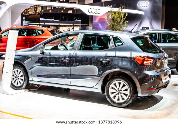 Brussels, Belgium, Jan 18,\
2019: Seat New Ibiza at Brussels Motor Show, Fifth generation, MK5,\
MQB A0 platform, supermini car produced by Spanish automobile\
manufacturer SEAT