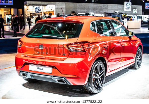 Brussels, Belgium, Jan 18, 2019: metallic red Seat\
New Ibiza FR at Brussels Motor Show, Fifth generation, MK5, MQB A0\
platform, supermini car produced by Spanish automobile manufacturer\
SEAT