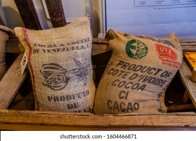 BRUSSELS, BELGIUM - JANUARY 1, 2020: African Cocoa Beans From Ivory Coast In Big Jute Sacks In Chocolate Museum In Brussels, Belgium