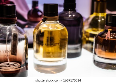 Brussels, Belgium, January 2020: Bottega Veneta perfume on the shop display for sale, fragrance created by Bottega Veneta fashion brand