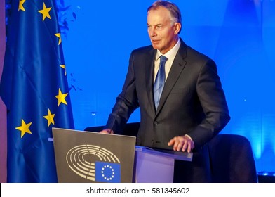 BRUSSELS, BELGIUM. January 25, 2017. Tony Blair Of Great Britain, Speaking In The European Parliament. He Is A Former British Prime Minister And Special Envoy Of The Quartet On The Middle East.