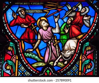 BRUSSELS, BELGIUM - JULY 26, 2012: Stained Glass Window Depicting Saul (Paulus) Falling Of His Horse At The Road Near Damascus, In The Cathedral Of Brussels, Belgium.