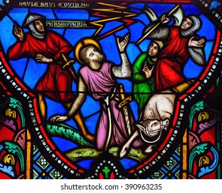 BRUSSELS, BELGIUM - JULY 26, 2012: Conversion Of Paul The Apostle On A Stained Glass In The Saint Gudula Cathedral In Brussels, Belgium.