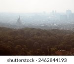 Brussels, Belgium, July 9th, 2023: Top view of the Brussels city from inside The Atomium structure.