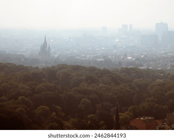 Brussels, Belgium, July 9th, 2023: Top view of the Brussels city from inside The Atomium structure. - Powered by Shutterstock