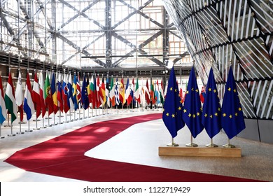 Brussels, Belgium Jun. 28, 2018. EU Flags In EU Council Building During The EU Summit.