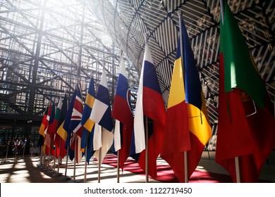 Brussels, Belgium Jun. 28, 2018. The Member States Flags Of The European Union In EU Council Building During The EU Summit.