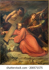 BRUSSELS, BELGIUM - JUNE 15, 2014:  Simon of Cyrene help Jesus to carry his cross by Jean Baptiste van Eycken (1809 - 1853) in Notre Dame de la Chapelle 