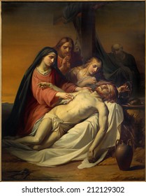 BRUSSELS, BELGIUM - JUNE 15, 2014: The Pieta painting by Jean Baptiste van Eycken (1809 - 1853) in Notre Dame de la Chapelle 