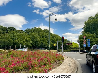 Brussels, Belgium - June 15, 2022; Car Drives Around A Roundabout In Bruxelles