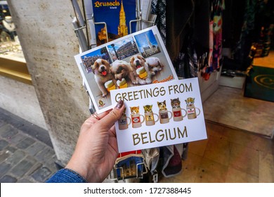 Brussels / Belgium - June 2 2018: Tacky Tourist Postcards From A Souvenir Shop