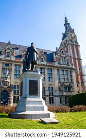 Brussels, Belgium, March 10, 2021. Belgium, Brussels, Université Libre De Bruxelles, ULB, Faculty Of Law, Statue Of Théodore Verhaegen.  With A Surgical Mask. 