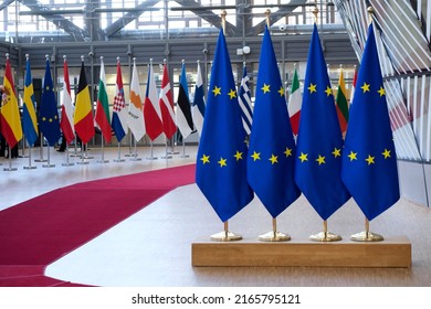 Brussels, Belgium March 4, 2022. EU Flags In EU Council Building During An EU Summit.