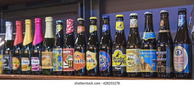 BRUSSELS, BELGIUM - MAY 02, 2016: Traditional Belgian Beer Bottles In Brussels, Belgium On 2 May, 2016.