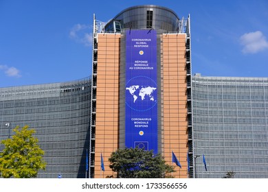 Brussels, Belgium - May 17, 2020: CORONAVIRUS - The Berlaymont Building Of The European Commission,  Located At The Schuman Roundabout, Brussels, Belgium.