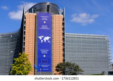 Brussels, Belgium - May 17, 2020: CORONAVIRUS - The Berlaymont Building Of The European Commission Located At The Schuman Roundabout, Brussels, Belgium.