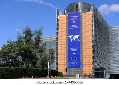 Brussels, Belgium - May 17, 2020: CORONAVIRUS - The Berlaymont Building Of The European Commission Located At The Schuman Roundabout, Brussels, Belgium.