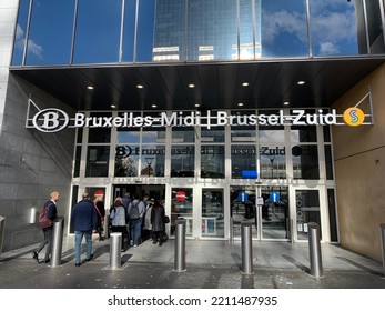 Brussels, Belgium - October 1, 2022: Entrance To Brussels South (Bruxelles Midi) Train, Railway Station. Name And Logo Above. This Is The Main Brussels Station And High Speed Trains Depart From Here