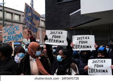 Brussels, Belgium on Jan. 13, 2021. People shout slogans during a protest in demand for justice in the case of Ibrahim, 23, who died on 09 January in Brussels.