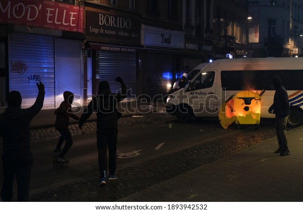 Brussels, Belgium on Jan. 13,\
2021. Protesters set fires at the end of a protest  in demand for\
justice in the case of Ibrahim, 23, who died on 09 January in\
Brussels.