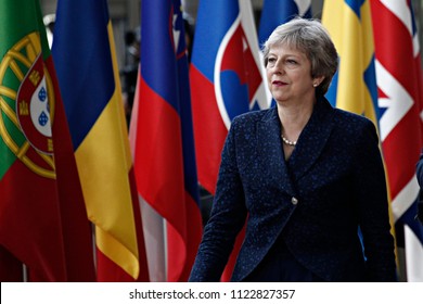 Brussels, Belgium on Jun. 28, 2018. Prime Minister of the UK, Theresa May arrives for a meeting with European Union leaders. 