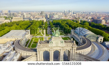 Brussels, Belgium. Park of the Fiftieth Anniversary. Park Senkantoner. The Arc de Triomphe of Brussels (Brussels Gate), Aerial View  
