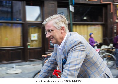 BRUSSELS, BELGIUM, September 18, 2016: Belgian King Philippe Léopold Louis Marie Bikes On Public Street During The Car Free Day In Belgium.