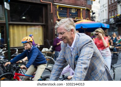 BRUSSELS, BELGIUM, September 18, 2016: Belgian Royal Family (King Philippe Léopold Louis Marie And His Family) Bike On Public Street During The Car Free Day In Belgium.