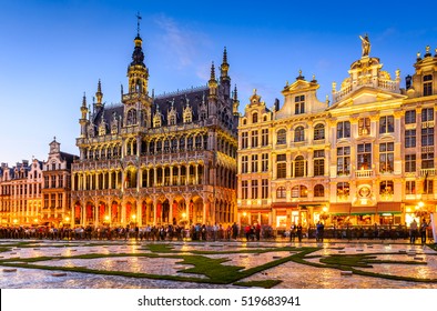 Brussels, Belgium. Wide angle night scene of the Grand Place and Maison du Roi, one of Europe finest historic squares and a must-see sight of Bruxelles.