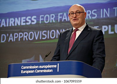 Brussels, Belgium.12th April 2018.European  Commissioner For Agriculture Phil Hogan Gives A Press Conference On The Commission's Proposals Against Unfair Trade Practices In The Food Supply Chain 