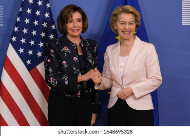 Brussels, Belgium,17th February 2020. Speaker of the US House of Representatives Nancy Pelosi is welcomed by President of the EU Commission Ursula von der Leyen ahead of a meeting at the EU Commission
